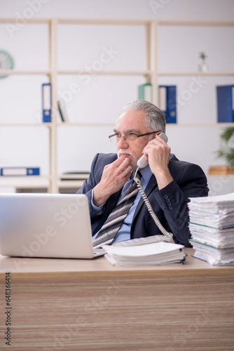 Old male employee speaking by phone in the office