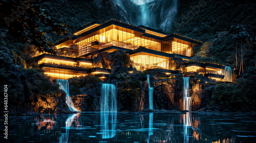 Hidden lair in the mountains near waterfalls, generative ai