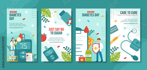 World Diabetes Day Social Media Stories Flat Cartoon Hand Drawn Templates Background Illustration