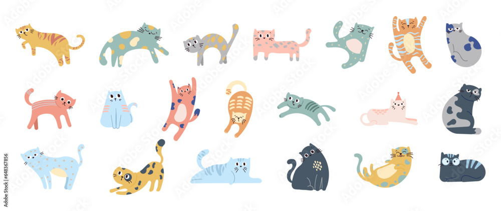 Cute funny cat. Kitten character cartoon. Vector drawing. Collection of design elements.