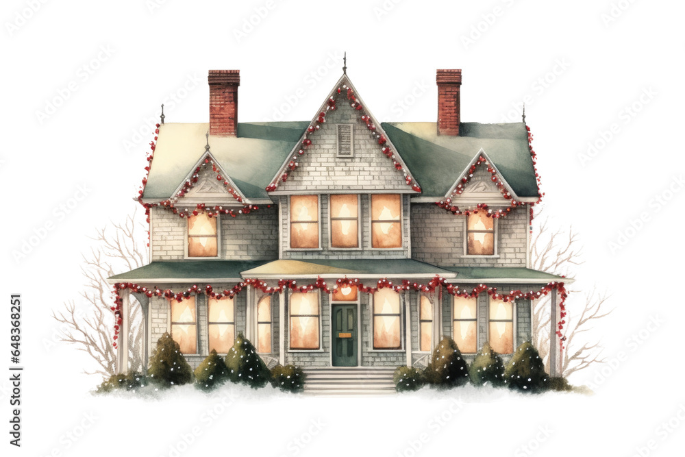 christmas lights outlining a house vintage illustration isolated on a transparent background, generative ai