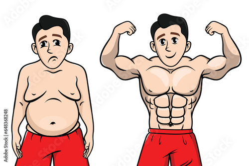 Fat and slim man, before and after Weight loss concept, vector muscular and chubby guy, Fat vs Slim, Stages of weight loss for men, Healthy vs unhealthy male cartoon, muscular and belly fat boy.