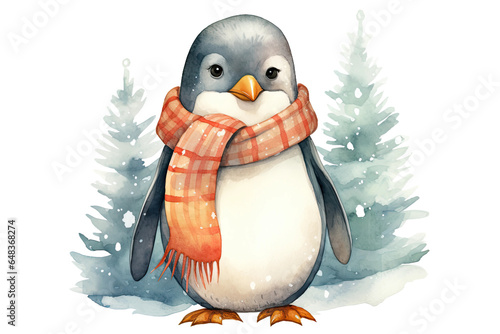 christmas penguin wearing a scarf vintage illustration isolated on a transparent background, generative ai