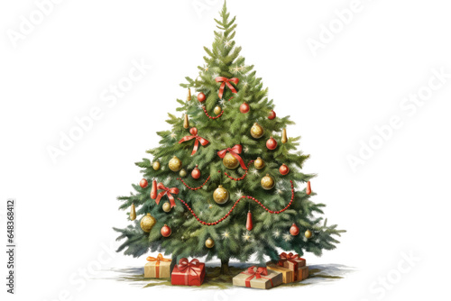 christmas tree decorated with ornaments garland vintage illustration isolated on a transparent background, generative ai © Perfect PNG