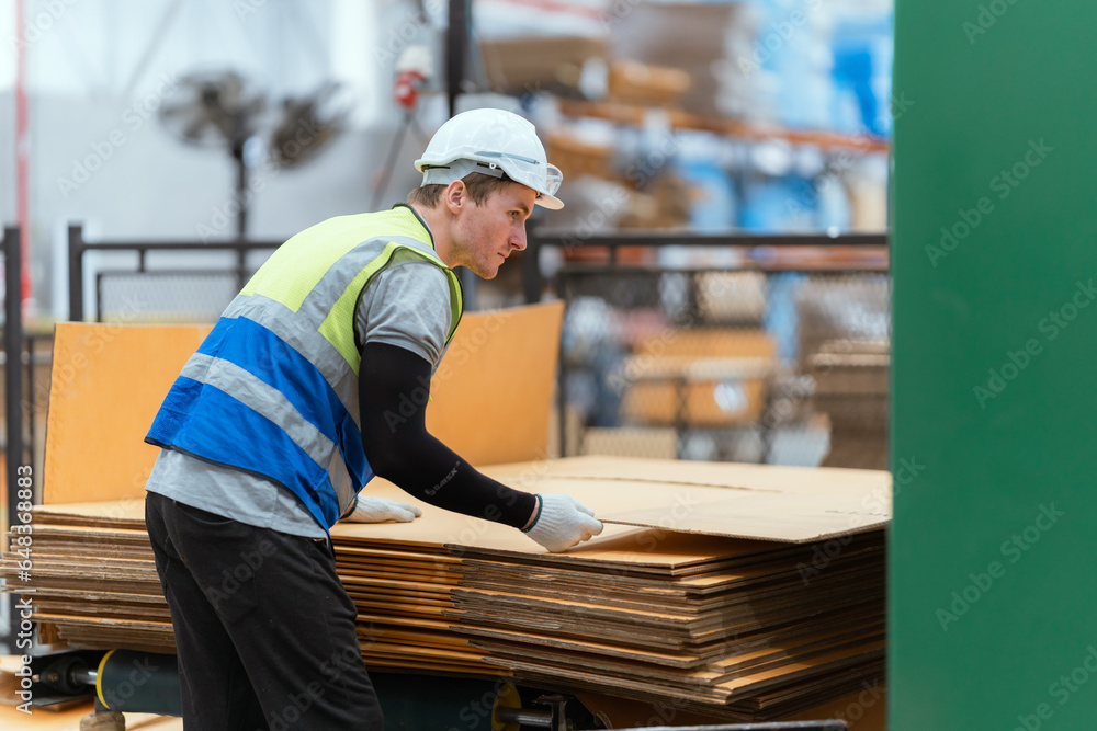 Male technician checking cardboard boxes and using machinery in warehouse Male technician checking cardboard boxes and using machinery in warehouse