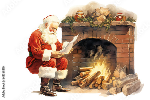 fireplace stockings being filled by santa vintage illustration isolated on a transparent background, generative ai