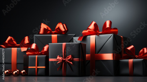 Arranged Gifts boxes wrapped in black paper with red ribbon on black background. Christmas concept.