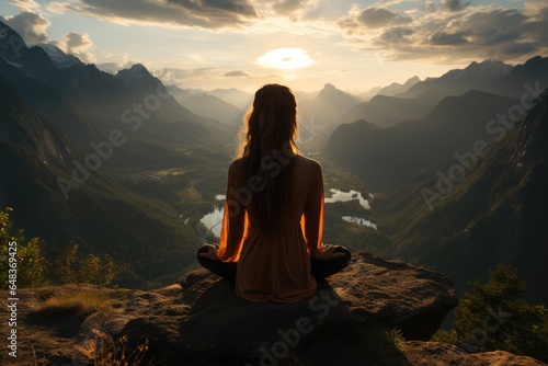 A young woman practicing yoga on a mountaintop with a magnificent view © PinkiePie