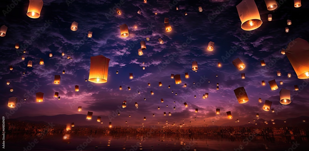 Floating lantern with flame in the night sky background. - obrazy, fototapety, plakaty 