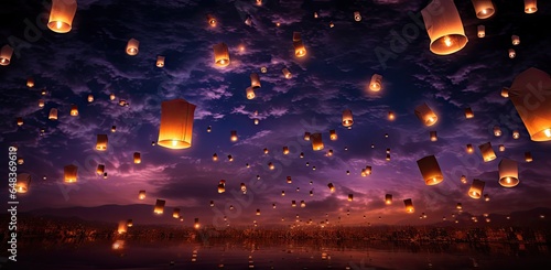 Floating lantern with flame in the night sky background. © Virtual Art Studio