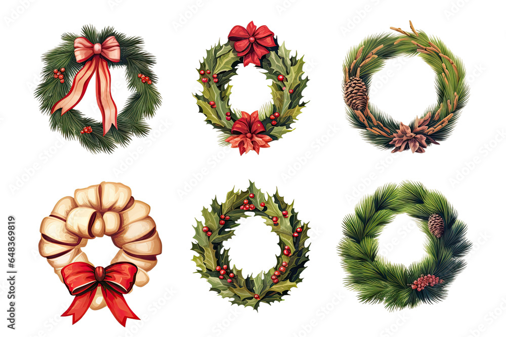 row of christmas wreaths vintage illustration isolated on a transparent background, generative ai