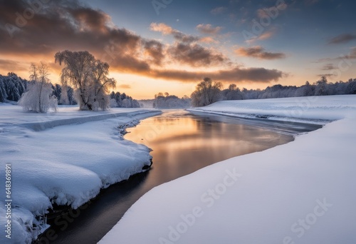 A snowy landscape with a frozen river