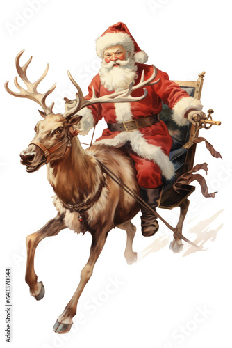 santa getting his reindeer ready to fly vintage illustration isolated on a transparent background  generative ai
