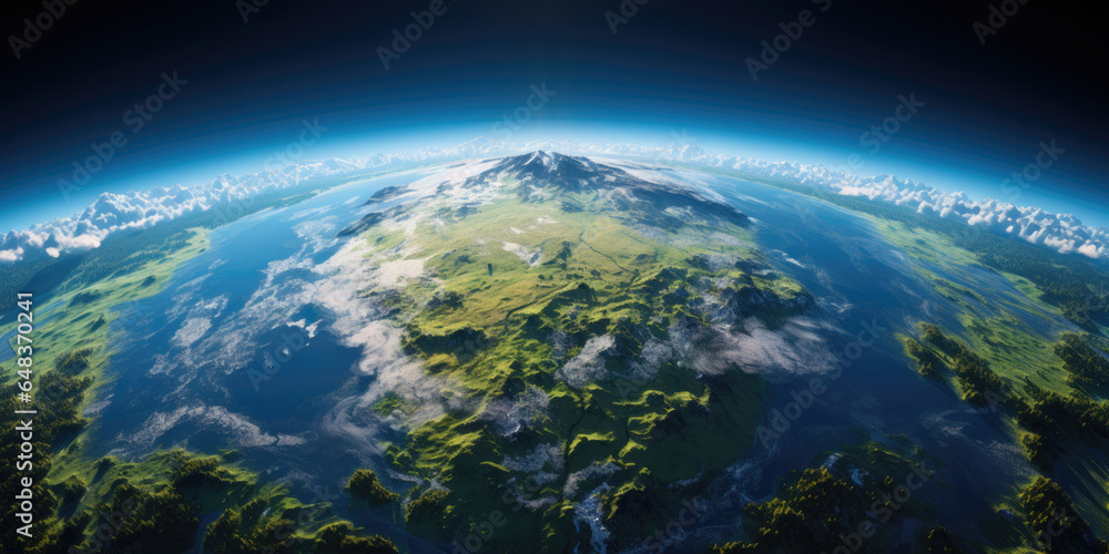 View from space of full earth body, green earth horizon. 3d illustration.