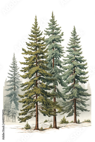 snow covered pine trees vintage illustration isolated on a transparent background  generative ai