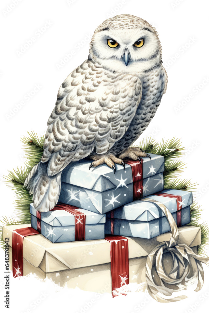 Φωτογραφία snowy owl resting on pile of wrapped gifts vintage illustration isolated on a tr