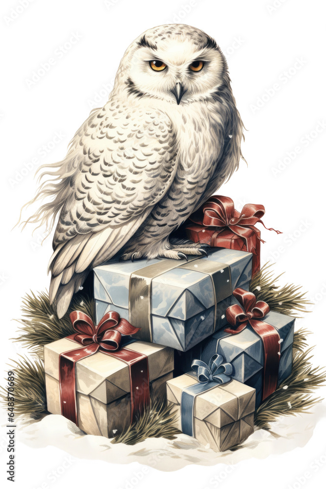 Obraz premium snowy owl resting on pile of wrapped gifts vintage illustration isolated on a transparent background, generative ai