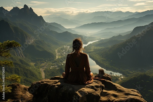 A young woman practicing yoga on a mountaintop with a magnificent view