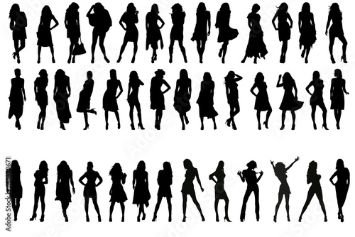 Vector drawing, silhouettes of girls, white background, Illustrator Large set of many black vector silhouettes of women in different standing poses Black profile of a slim female body, isolated on a w