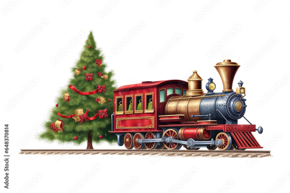 toy train going around the christmas tree vintage illustration isolated on a transparent background, generative ai
