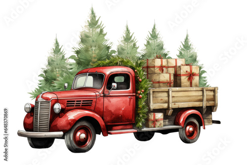 vintage truck delivering christmas trees vintage illustration isolated on a transparent background, generative ai