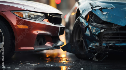 Front-end damage on two cars after a low-speed crash