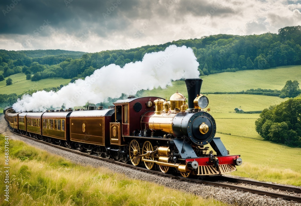 Fototapeta premium steam-powered train racing across the countryside