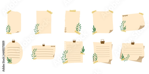 Set of aesthetic paper notes with different layouts. A  collection of cute floral sticky notes. Vector illustration.