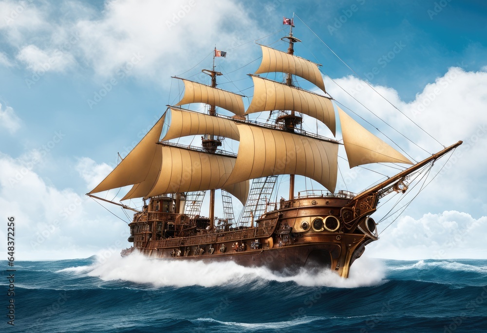 steam-powered ship sailing the ocean waves - obrazy, fototapety, plakaty 