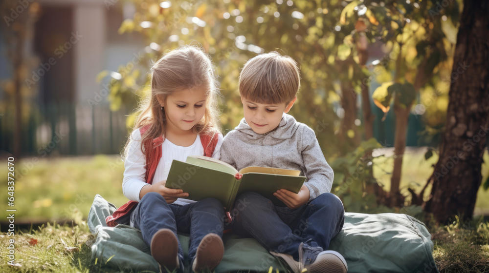 Children reading from books together while sitting down Children reading from books together while sitting down