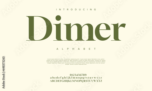 Dimer premium luxury elegant alphabet letters and numbers. Elegant wedding typography classic serif font decorative vintage retro. Creative vector illustration