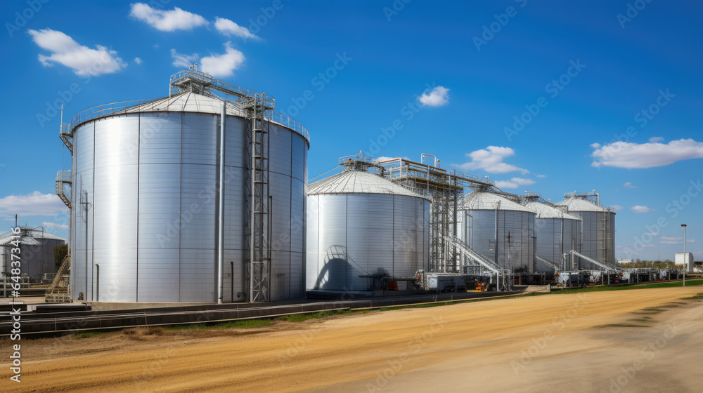 Large storage tanks and silos used for storing raw materials in an industrial facility. Large storage tanks and silos used for storing raw materials in an industrial facility.
