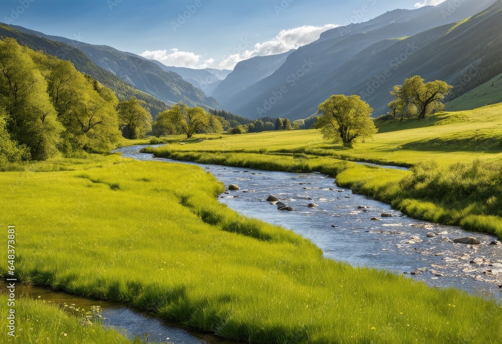 A tranquil river meandering through a meadow. A tranquil river meandering through a meadow.