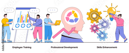 Employee training, professional development, skills enhancement concept with character. Learning and development abstract vector illustration set. Knowledge transfer, career advancement metaphor