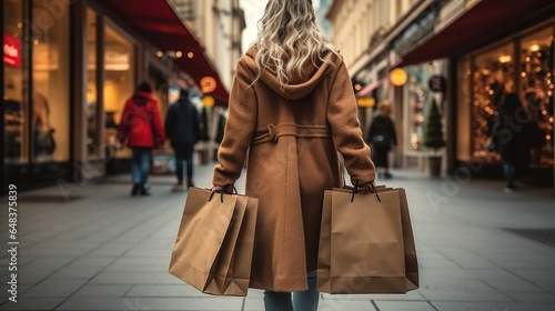 Young woman with shopping bags walking in the city. Shopping concept.