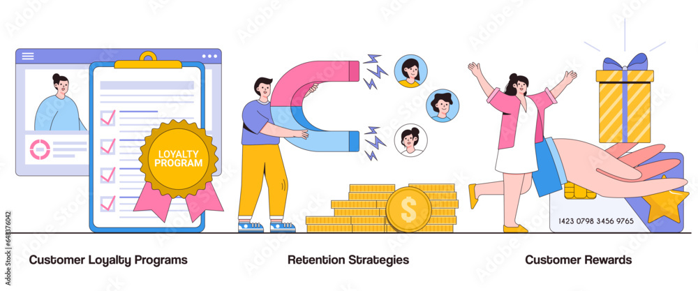 Customer loyalty programs, retention strategies, customer rewards concept with character. Customer loyalty abstract vector illustration set. Repeat purchases, customer satisfaction, brand advocacy