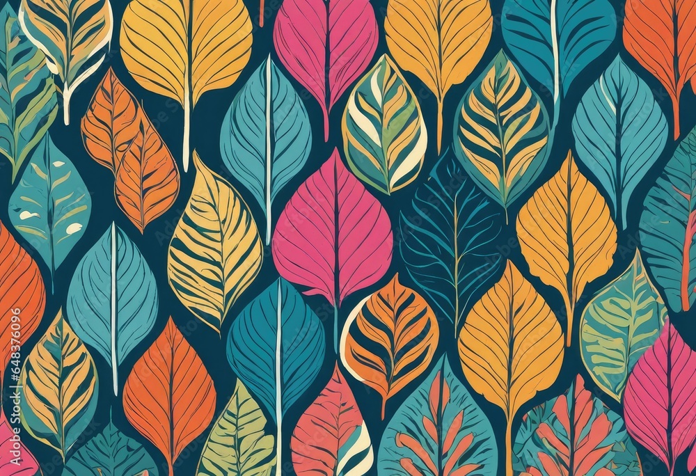 A whimsical illustration featuring an array of colorful, stylized leaves A whimsical illustration featuring an array of colorful, stylized leaves