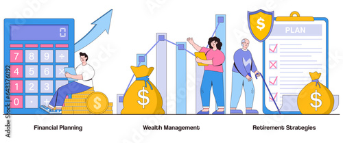 Financial planning, wealth management, retirement strategies concept with character. Financial security abstract vector illustration set. Asset allocation, long-term goals, financial independence