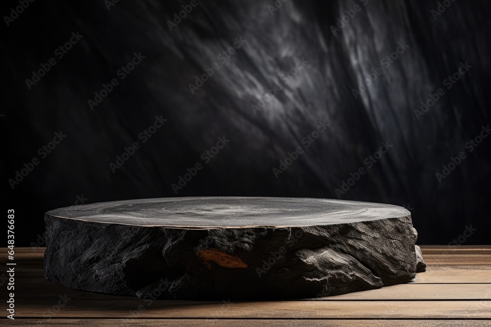round black wood podium close shot stone background studio with flour