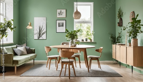 Mid-century modern interior - mint color chairs at wooden dining table in room with sofa and cabinet, green wall, Scandinavian style living room