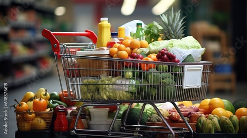 Shopping cart full of fresh fruit and vegetables in grocery store.