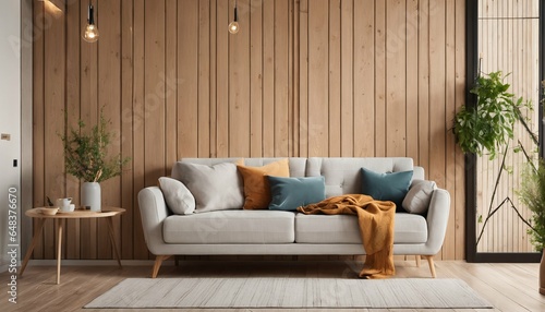 Window-side comfort in modern interior - sofa with pillows and blanket in room with wooden paneling wall  Scandinavian style living room design
