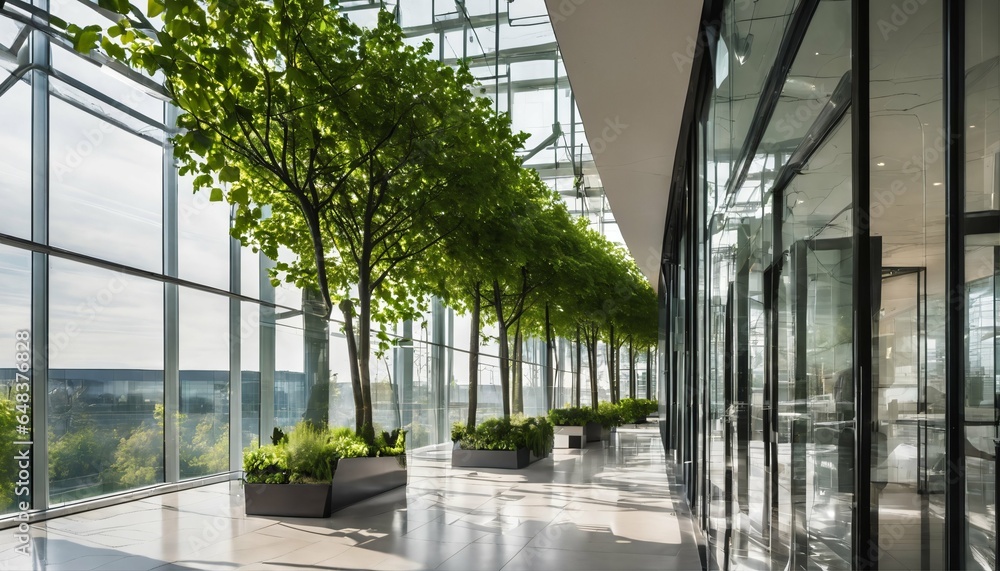 Glass office with eco-friendly design, featuring trees and green environment for sustainable building - obrazy, fototapety, plakaty 