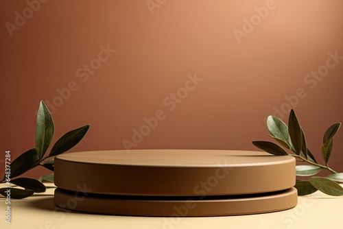 round brown podium close shot brown background studio with green olive