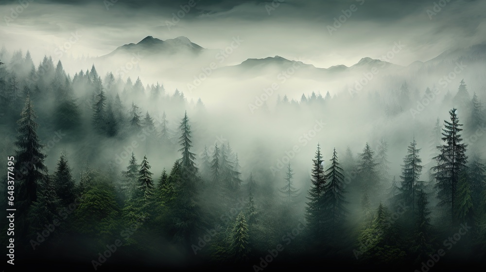 Foggy landscape with coniferous forest in the mountains.