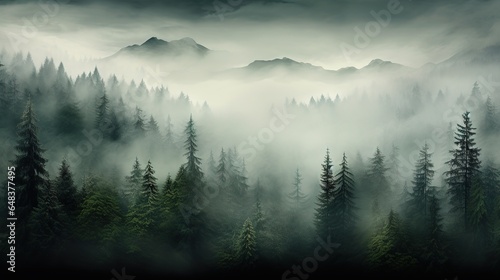 Foggy landscape with coniferous forest in the mountains.