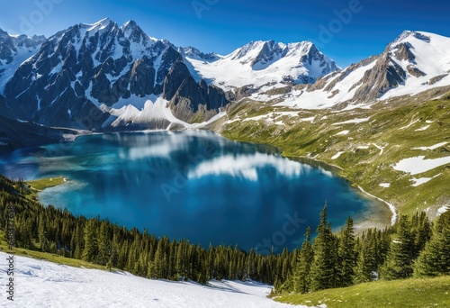  An alpine lake surrounded by snow-capped mountains.