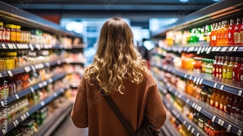Rear view of woman looking at bottle of juice in supermarket aisle