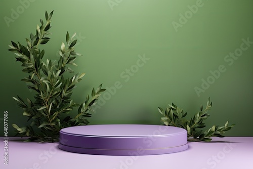 round green podium close shot purple background studio with green olive