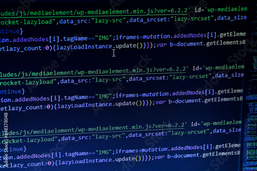 Matrix byte of binary data rian code running abstract background in dark blue digital style. Programming code screen of software developer. Javascript code in bracket software